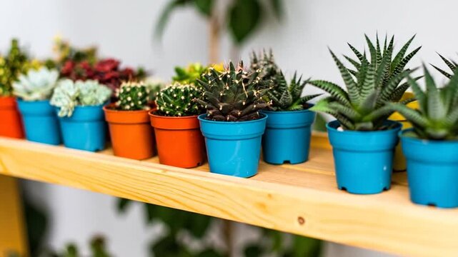 Assortment of potted succulent plants in various colors on a natural wooden shelf. Close up