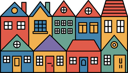 Colorful Row of Houses with Various Windows and Doors