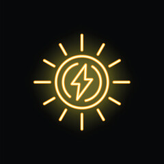 Yellow neon icon of a sun generating electricity with a lightning bolt in the center, on a black background