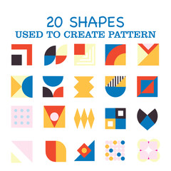 A versatile set of 20 unique minimalist geometric shapes and icons in a modern color palette. These vector elements include abstract squares, triangles, stripes, and curves. Perfect for creating seaml