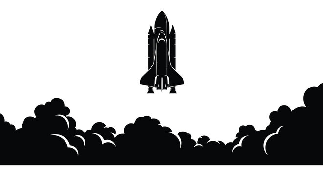 a striking visual depiction of a space shuttle launching amidst billowing smoke and clouds presented as a bold silhouette high quality
