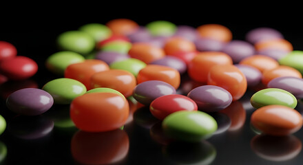 A close-up shot of a colorful pile of hard-coated candies, reflecting on a glossy black surface. Various shapes and colors