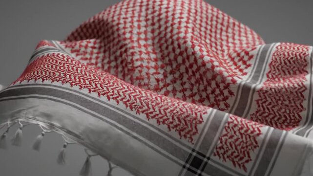 Traditional Arab headdress, a keffiyeh, gracefully floats against a neutral background.