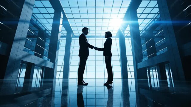 Silhouette of business people shaking hands in a modern office building lobby 4k video