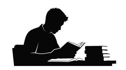 a person reading a book at a desk focused and engrossed silhouette