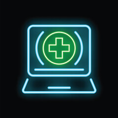 Fototapeta premium Neon laptop showing green medical cross sign on black background concept for online medicine, telehealth and ehealth