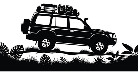 a striking black and white illustration depicting an off road vehicle with luggage atop set against a backdrop of grass and stylized foliage silhouette © mrvect02