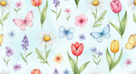 Watercolor Spring Flowers and Butterflies Pattern