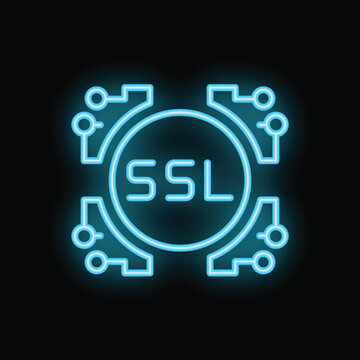 Glowing blue neon ssl icon representing secure sockets layer encryption for website security