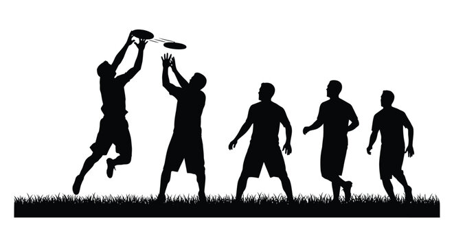 a dynamic black and white image depicts several people playing frisbee showcasing athletic action and joyful outdoor recreation silhouette high quality