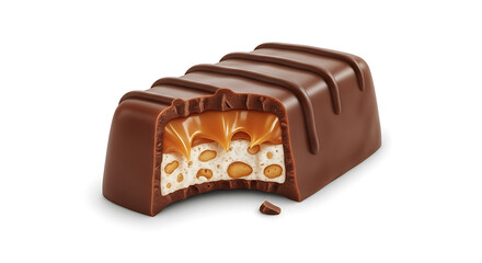A close-up shot of a partially eaten candy bar showcasing layers of caramel, nougat, and peanuts, all encased in chocolate