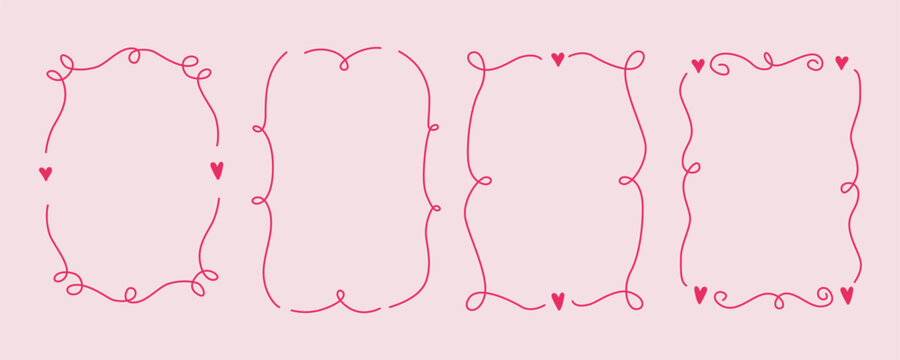 Hand drawn romantic frames set. Doodle heart frames vector. Cute love border collection. Whimsical heart line frames. Template for wedding invitations, Valentines Day cards, social media, text box