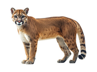 Regal cougar standing, spotted fur, alert gaze, neutral background, full profile