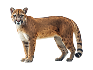 Regal cougar standing, spotted fur, alert gaze, neutral background, full profile