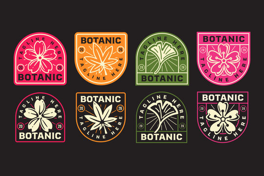 Botanical floral retro badge logo design set for merchandise and ornament. Cherry blossoms, Maple leaf, Gingko leaf vintage patch design pack