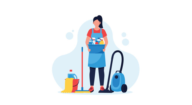 Professional cleaning lady character standing with a vacuum cleaner, a mop, a bucket of water, and various detergent spray bottles.