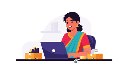 Vector illustration of an Indian woman in traditional attire managing an online business from home, showing entrepreneurship, technology, and modern work lifestyle