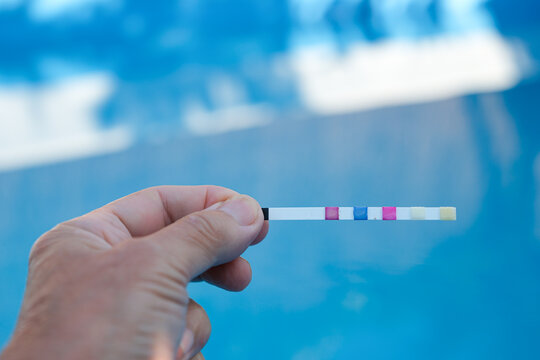 Pool test strips in the hand. Blue pool background. Water balance.