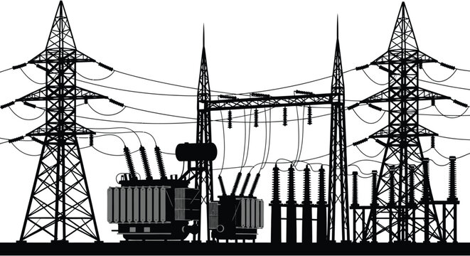 a striking black and white illustration depicting industrial power lines transformers and towers against a stark clean background silhouette high quality