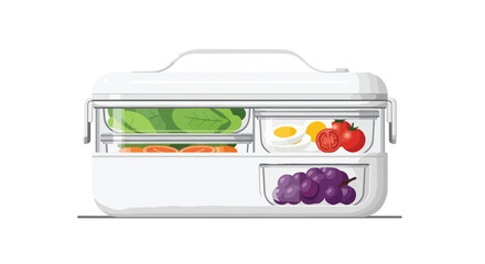 Healthy meal prep bento box with fresh vegetables, fruit, and eggs, isolated on white