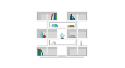 Stylish modern white geometric bookshelf with books and decorative items illustration