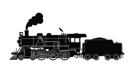 a detailed black and white illustration showcasing a vintage steam locomotive emitting smoke presented as a striking silhouette high quality professional