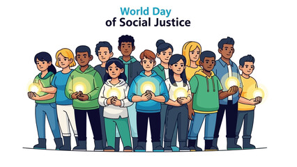 Diverse group of people standing together holding glowing orbs on World Day of Social Justice, promoting unity and equality in America with a sense of justice and law, in a vector