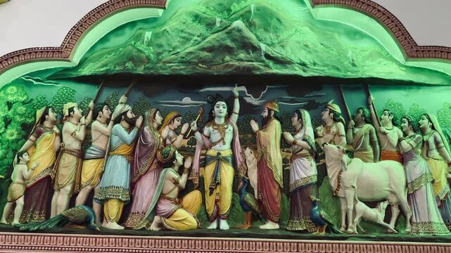Lord Krishna lifting Govardhan Hill to protect villagers and cattle from torrential rain, symbolizing divine power and devotion.