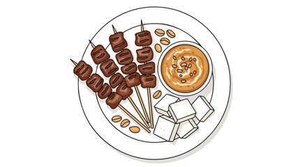 Delicious satay skewers with peanut sauce, tofu, and peanuts on a white plate, traditional Asian food