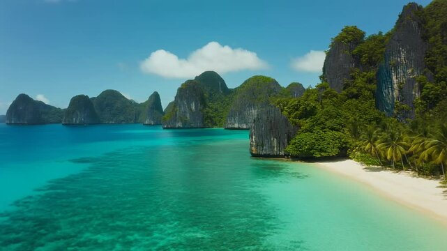 Aerial drone view of tropical island paradise with turquoise water limestone karsts lush jungle palm trees white sand beach serene ocean waves clear sky sunny day breathtaking landscape vacation