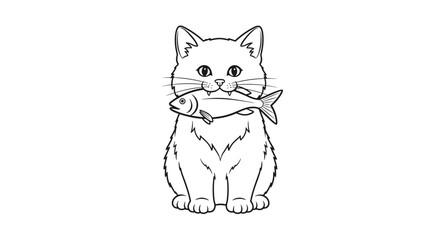 Fototapeta premium Simple and cute line art drawing of a sitting cat holding a small fish in its mouth, suitable for children to color or use for craft projects.