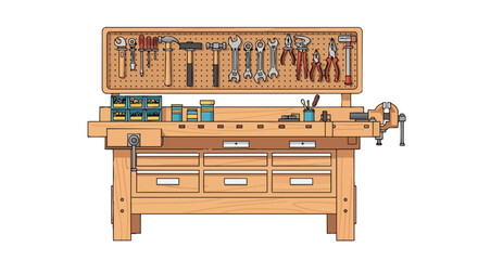Woodworking Workbench with Assorted Hand Tools and Pegboard Organization
