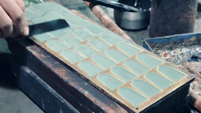 Close-up of a skilled artisan smoothing and leveling a filled mold using a flat tool inside a workshop. The image captures traditional handcraft techniques