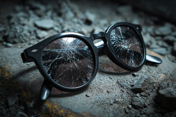Broken black sunglasses with cracked lenses lying on wet concrete, cinematic lighting, symbolizing damage, loss, urban grunge and broken vision concept.