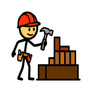 Stickman construction worker building brick wall with hammer and hard hat cartoon illustration