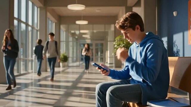 A teenager at school is using a smartphone and is very nervous. Negative, negative emotion in a teenager.
