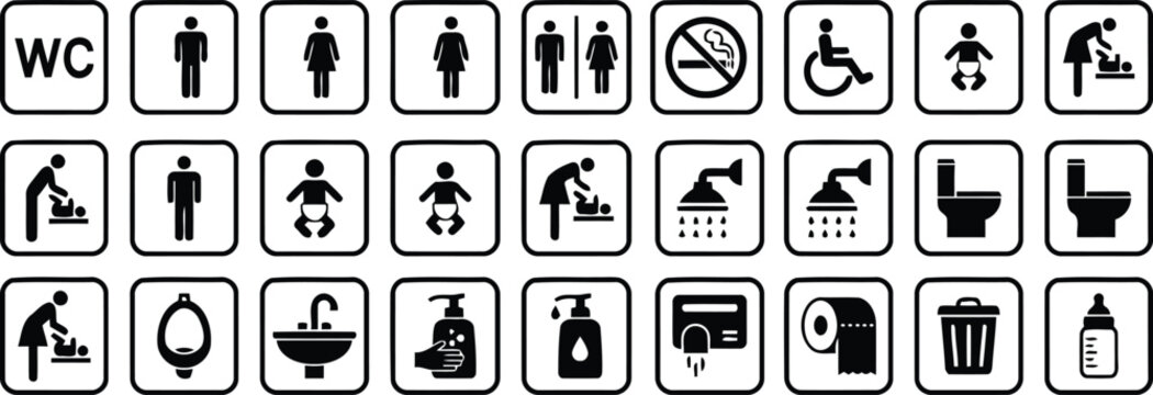 Signage Collection: A comprehensive set of universally recognized restroom and facility icons. Organized neatly, this collection offers a visual guide to essential amenities and services. 