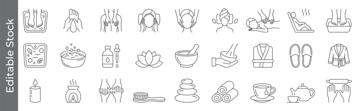 Pedicure, massage, wellness, aromatherapy and relaxation icon set &ndash; editable outline symbols of spa, bath, candle, robe, slippers, tea and lotus