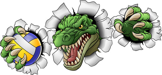 An alligator, crocodile or dinosaur volleyball animal sports mascot holding a volley ball in his claw © Christos Georghiou