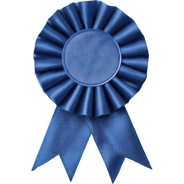 A close-up showcases a textured, ornate blue rosette ribbon, symbolizing achievement and excellence.
