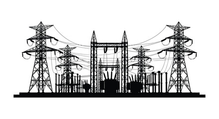 a striking black and white illustration depicting a complex electrical substation with tall towers and numerous power lines silhouette high quality © mrvect02