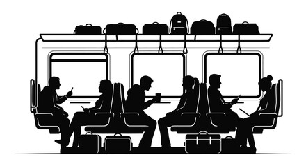 a black and white illustration depicts a train interior with passengers seated luggage overhead showcasing a travel scene silhouette high quality © mrvect02
