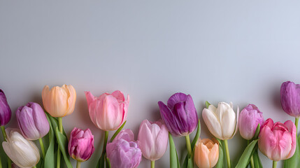 Fototapeta premium A vibrant arrangement of colorful tulips against a soft gray background