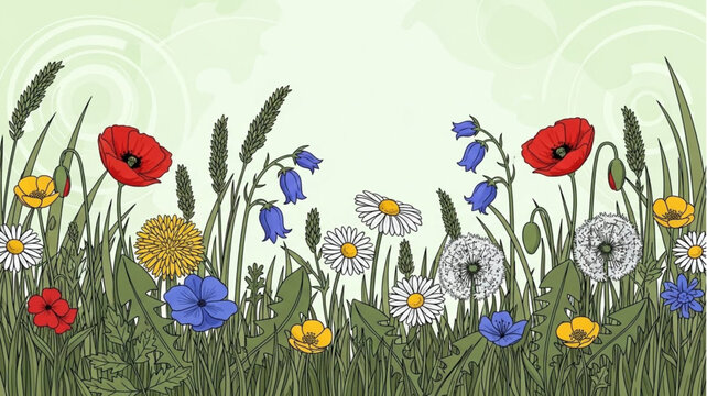 Vibrant Wildflower Meadow Border Illustration.