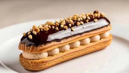 Chocolate eclair with hazelnut cream and chopped nuts on a white plate pastry dessert
