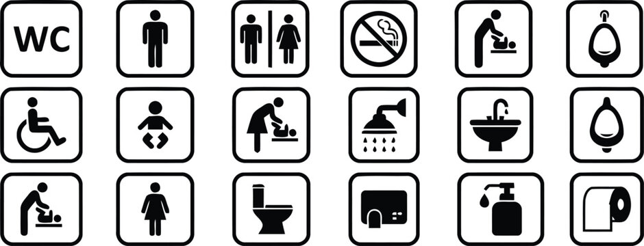 Variety of Restroom and Public Facility Signs: A collection of various informational and directional signs designed for public areas, providing clear guidance and assistance for all visitors. 