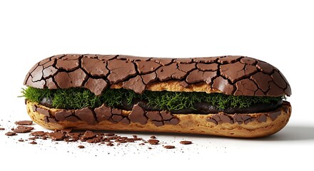 Conceptual art of a chocolate eclair with a cracked texture filled with green moss instead of cream, representing decay and nature.
