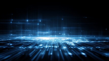 A futuristic digital landscape with glowing blue lines and dots on a dark background