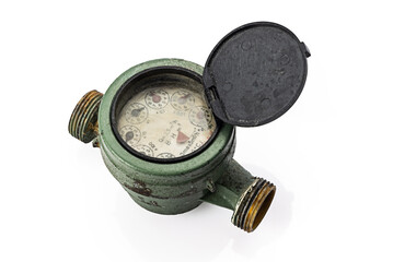 Vintage Green Water Meter With Open Lid, Rustic Industrial Utility Device for Plumbing