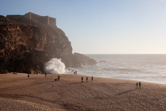 Waves crashing at Nazare Beach, Nazare, Portugal